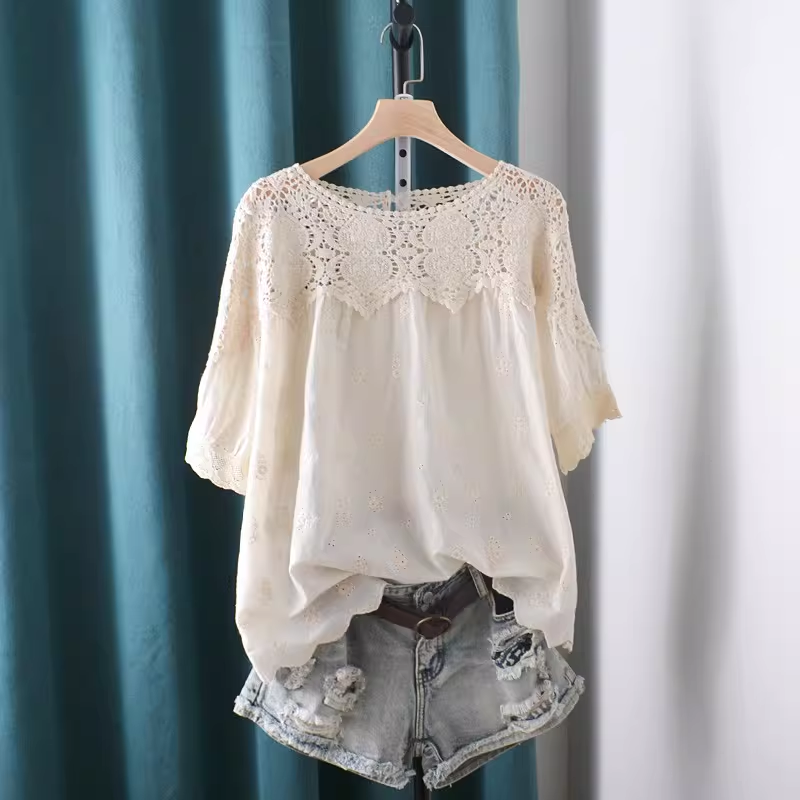 Japan Summer Clothing Women - Koszule i bluzki z ażurowymi wstawkami
