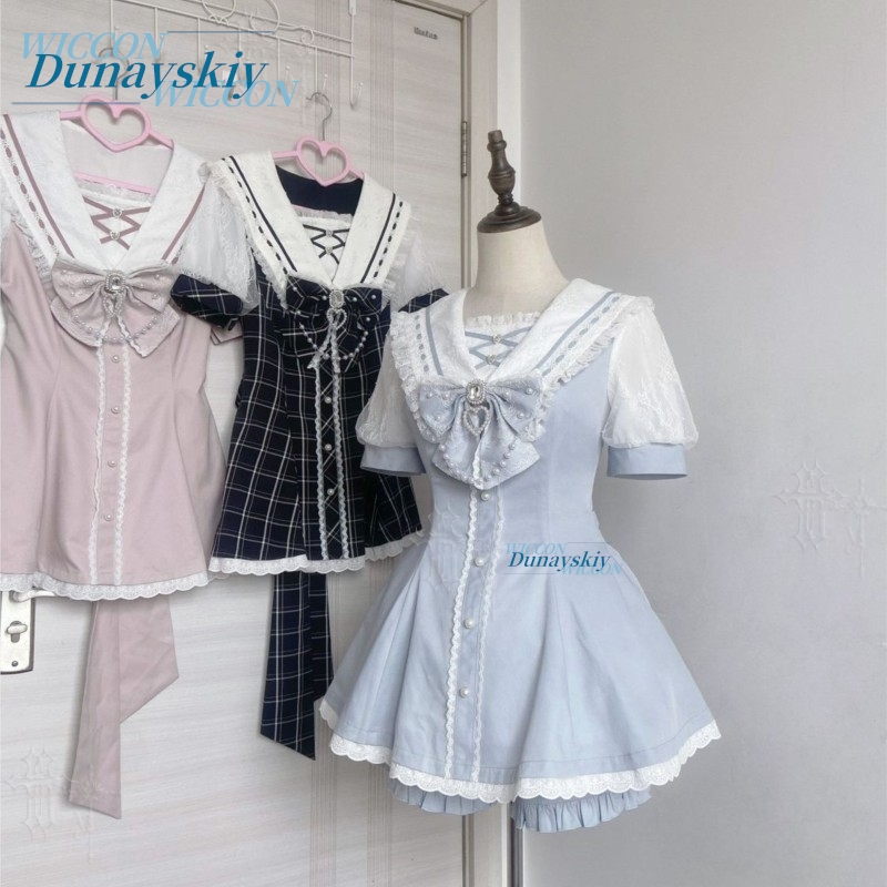 Summer Clothing Colors - Zestaw Sukienki z Kołnierzykiem Marynarskim, Koronkową