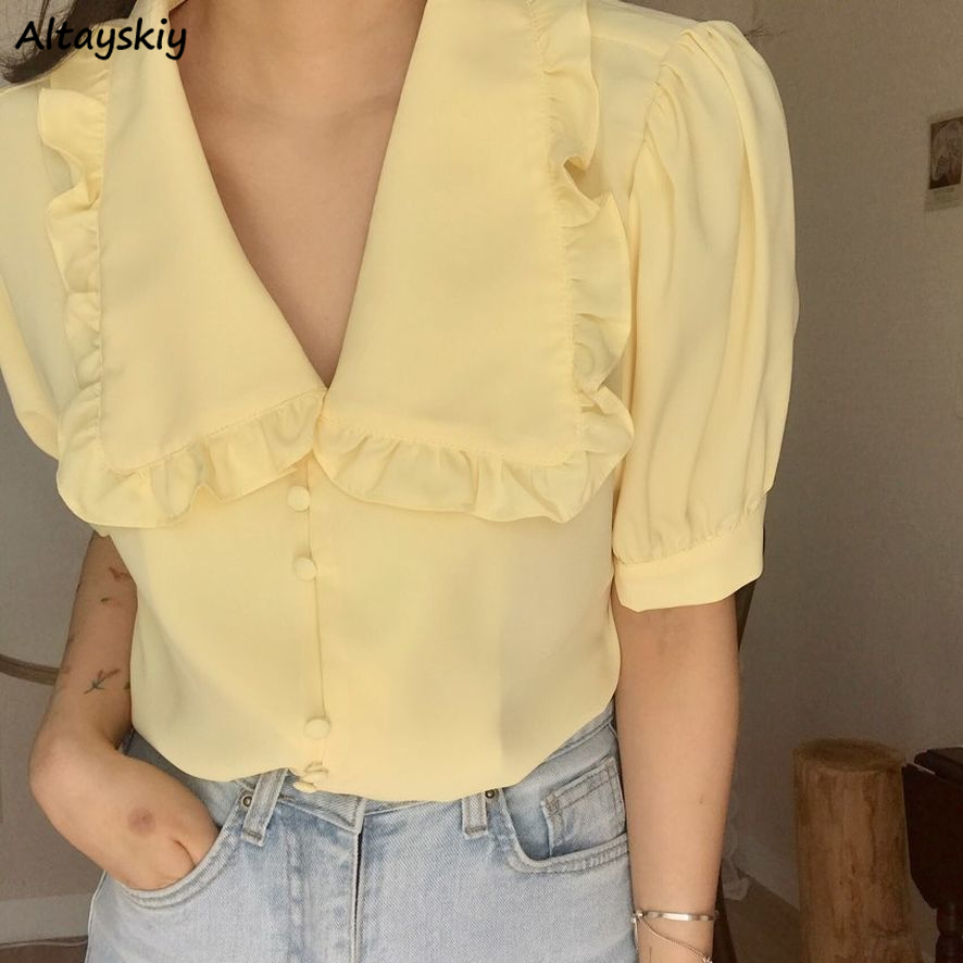 Summer Clothing Teens - Bluzki damskie Solidne falbany Słodki krótki