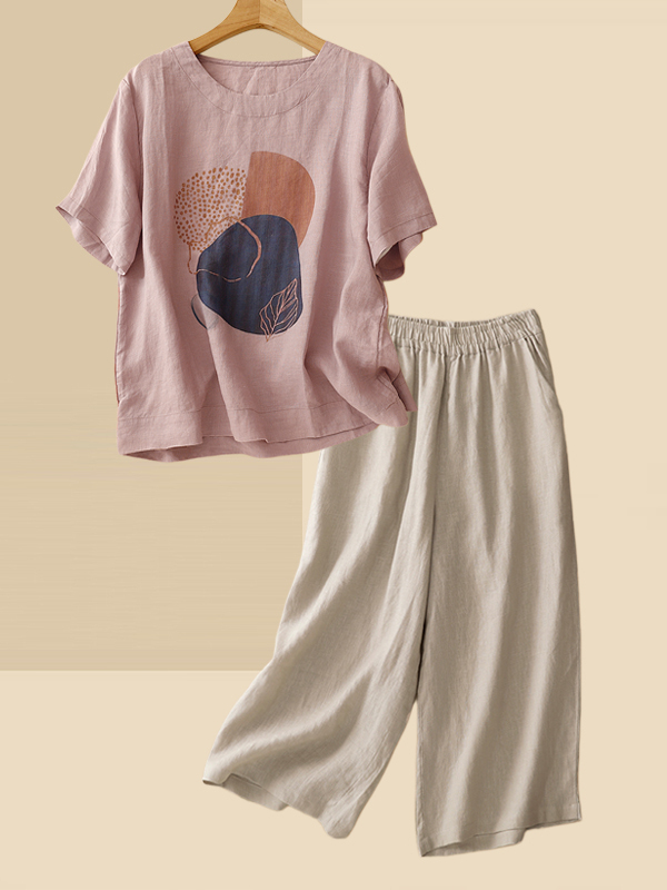 Summer Clothing For Women Over 60 - Retro lniany komplet damski: T-shirt z
