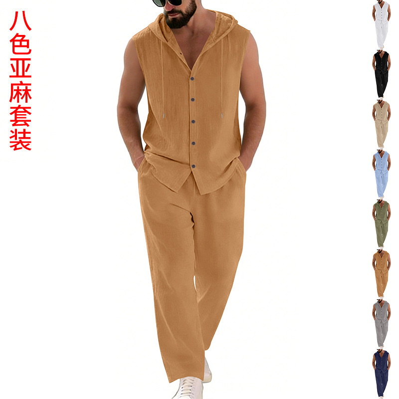 Summer Clothing Sets Men - Męski lniany komplet casualowy: bluza z