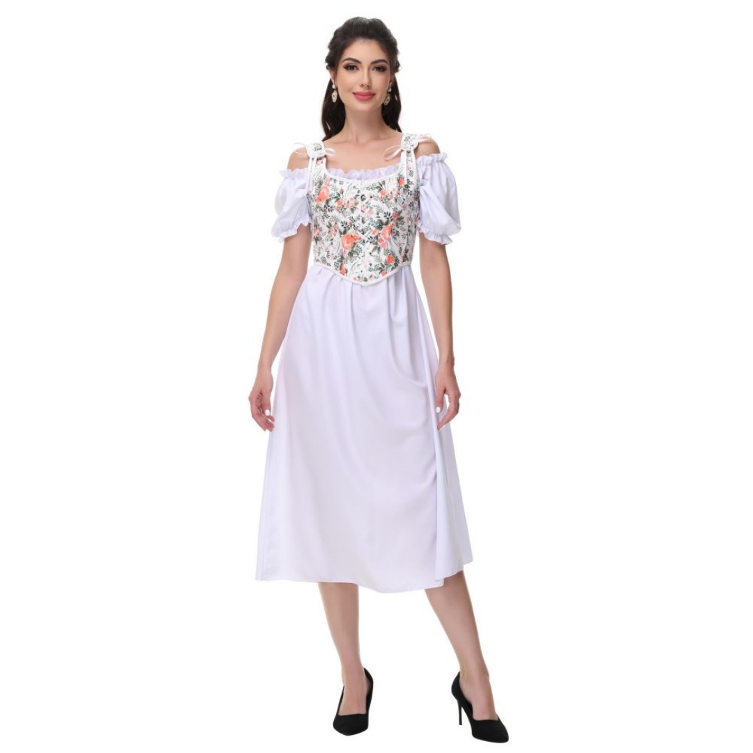 Summer Victorian Clothing - Letnia biała bawełniana solidna głęboki dekolt