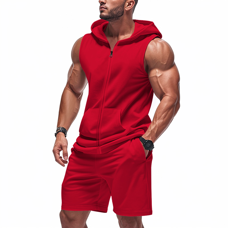Summer Clothing Sets Men - Męski garnitur bez rękawów z kapturem,