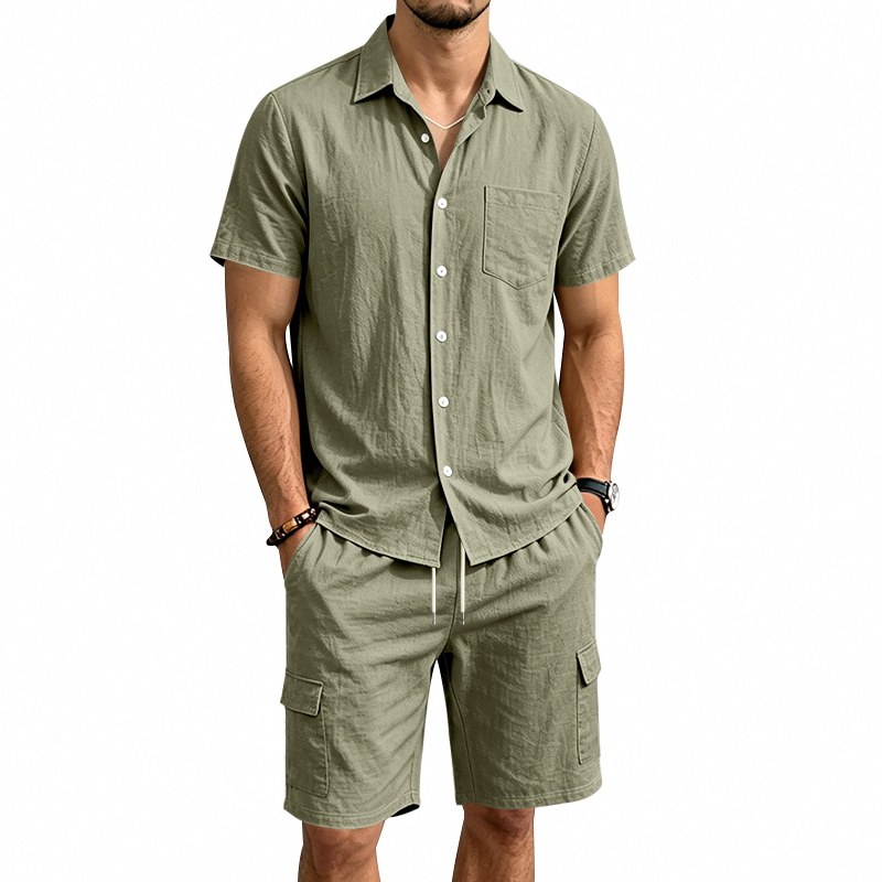 Summer Clothing Trends - Męski letni lniany dwuczęściowy zestaw: koszula